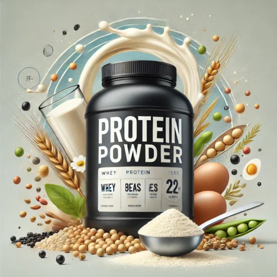 DALL·E 2025 02 17 21.55.00 A high quality digital illustration of a protein powder container with a scoop of powder next to it. The container should be labeled Protein Powder