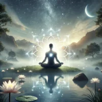 DALL·E 2025 03 03 19.49.56 A serene meditation scene featuring a person sitting cross legged in a peaceful natural setting. The individual is surrounded by soft glowing light