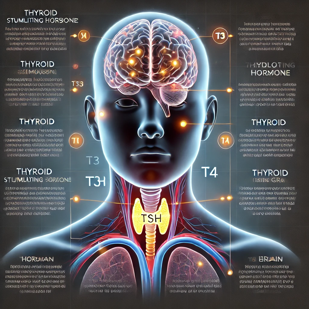 DALL·E 2025 02 21 18.54.42 A detailed medical infographic illustrating the function of Thyroid Stimulating Hormone TSH. The image features a human silhouette highlighting the