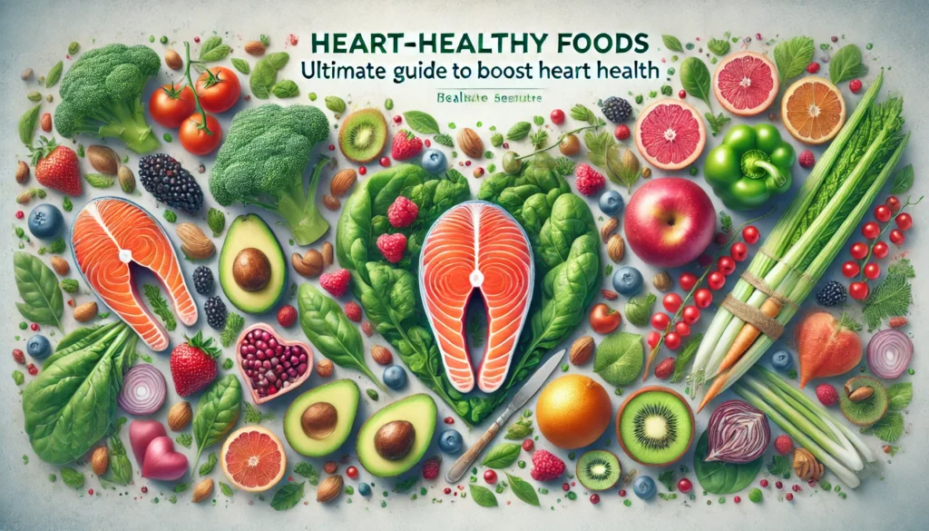 DALL·E 2025 01 30 19.32.39 A vibrant and inviting banner for an article titled Heart Healthy Foods Ultimate Guide to Boost Heart Health. The banner should feature fresh and c