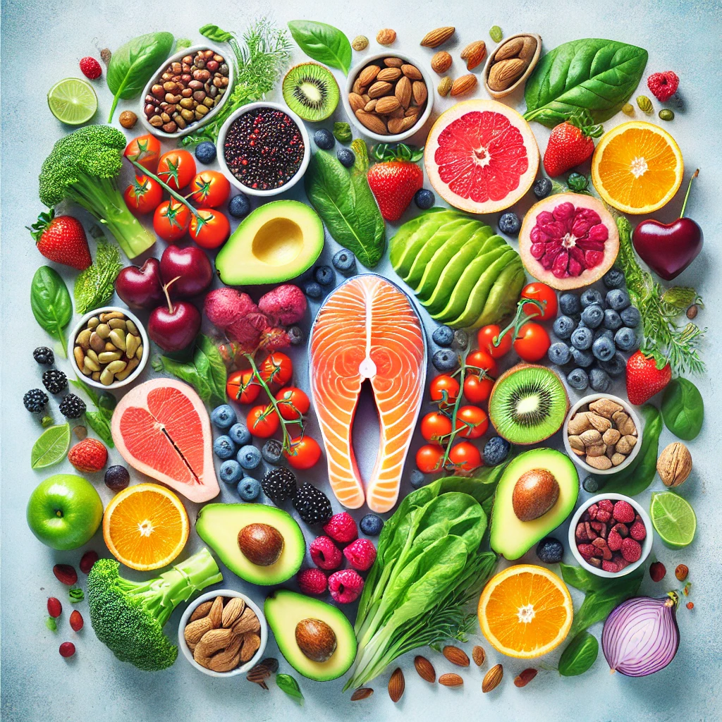 DALL·E 2025 01 30 19.51.37 A vibrant and visually appealing image to represent a comprehensive guide on heart healthy foods. The image should feature a beautifully arranged asso