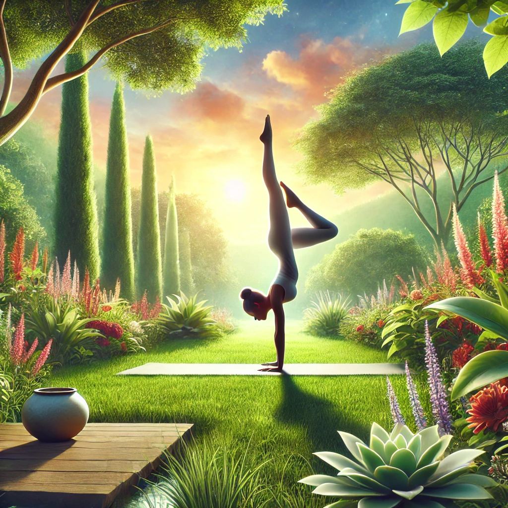 DALL·E 2025 02 02 17.56.13 A serene and inspiring yoga scene featuring a person gracefully performing Adho Mukha Vrikshasana Handstand Pose outdoors in a peaceful garden setti