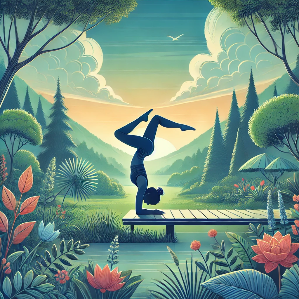 DALL·E 2025 02 02 17.56.20 A visually captivating yoga illustration featuring a serene outdoor setting with a person performing Adho Mukha Vrikshasana Handstand Pose. The pers